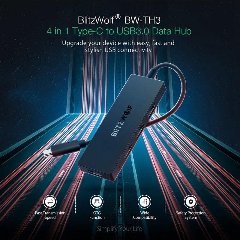 BW-TH3 USB Hubs 4 in 1 Type-C to 4-Port USB 3.0 Port Hub Data Hub with OTG Function 5Gbps USB 3.0 Transmission (CA2)(1U52)