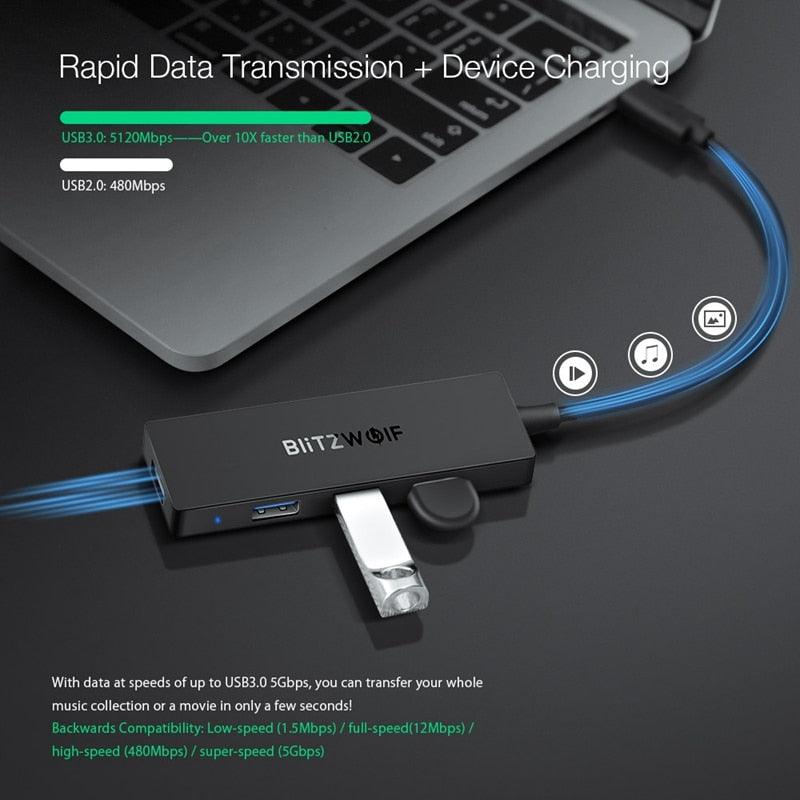 BW-TH3 USB Hubs 4 in 1 Type-C to 4-Port USB 3.0 Port Hub Data Hub with OTG Function 5Gbps USB 3.0 Transmission (CA2)(1U52)