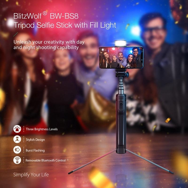 BW-BS8 LED Fill Light Selfie Stick 3 in 1 Extendable bluetooth Tripod Monopod For iPhone For Samsung Xiaomi Camera (RS)(1U50)