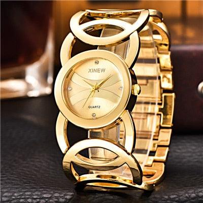 Trending Plated Women Watches Circles Bracelet - Rhinestone Quartz Watch - Stainless Steel (9WH1)(4JW)