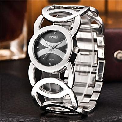 Trending Plated Women Watches Circles Bracelet - Rhinestone Quartz Watch - Stainless Steel (9WH1)(4JW)