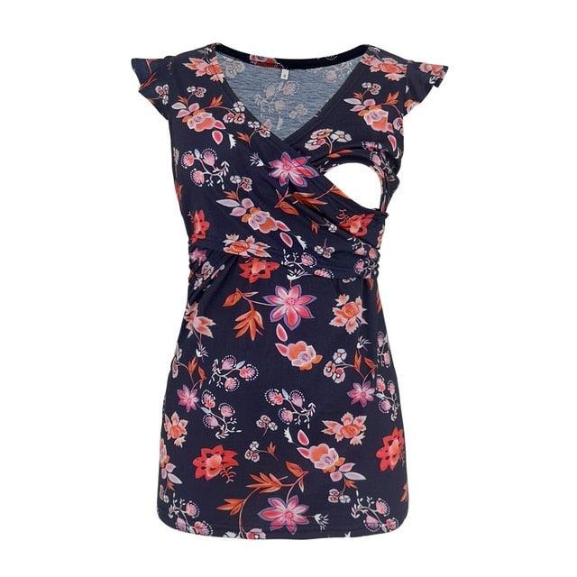 Trending Breastfeeding Maternity Shirt - Sleeveless Summer Printed V Neck Pregnancy Top - For Gorgeous Pregnant Women Nursing (D4)(Z1)