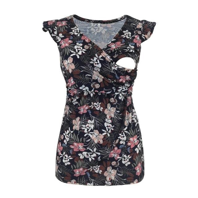 Trending Breastfeeding Maternity Shirt - Sleeveless Summer Printed V Neck Pregnancy Top - For Gorgeous Pregnant Women Nursing (D4)(Z1)