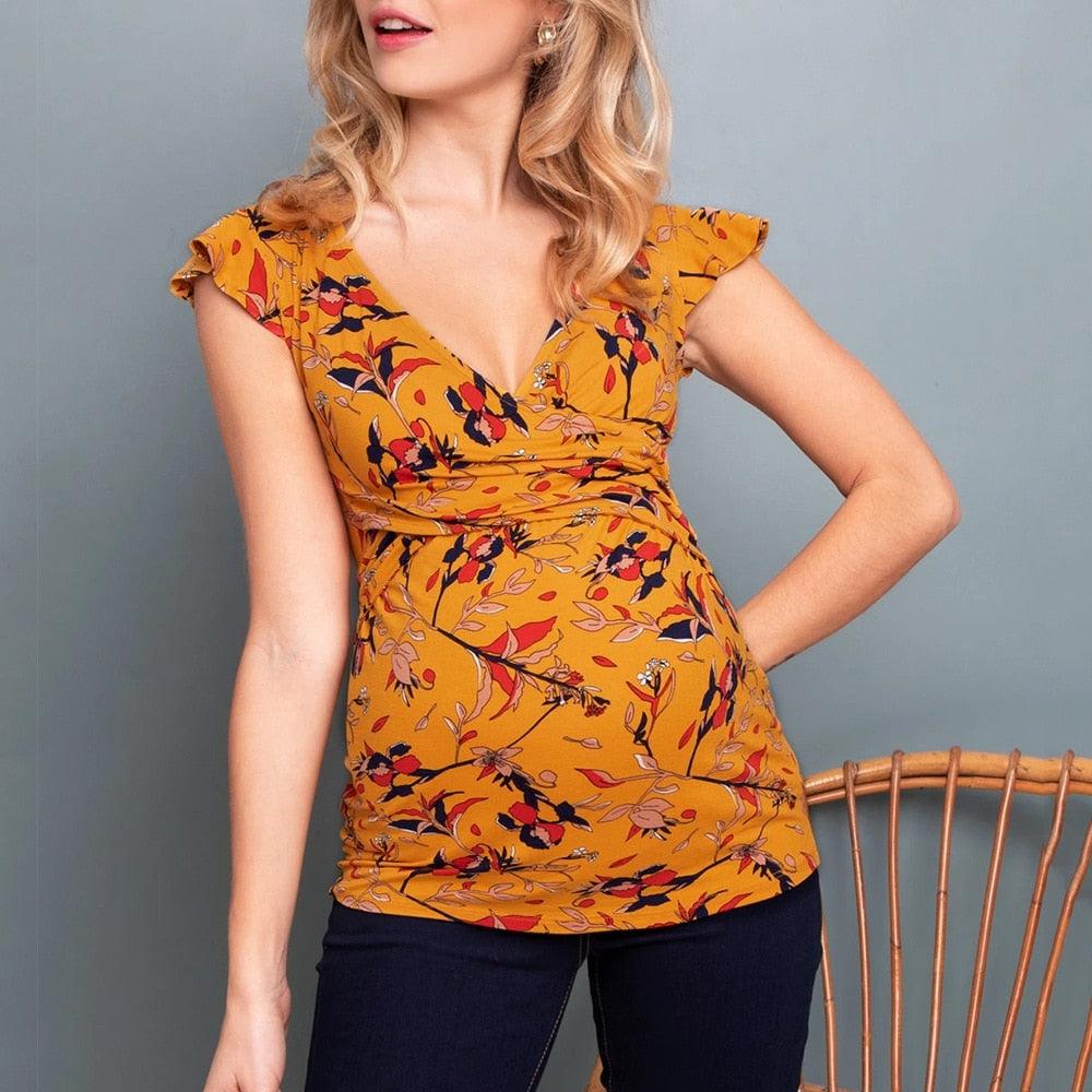 Trending Breastfeeding Maternity Shirt - Sleeveless Summer Printed V Neck Pregnancy Top - For Gorgeous Pregnant Women Nursing (D4)(Z1)