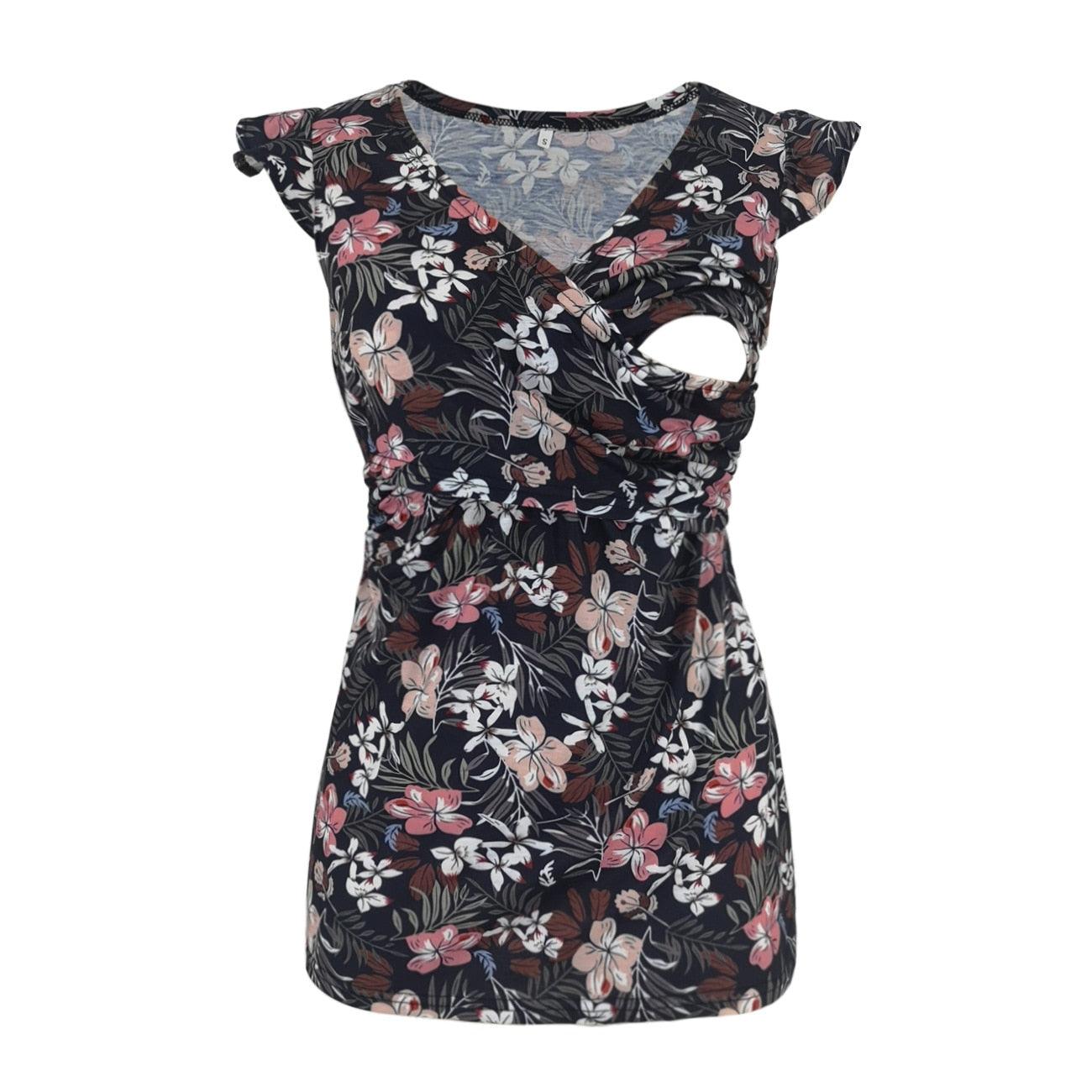 Trending Breastfeeding Maternity Shirt - Sleeveless Summer Printed V Neck Pregnancy Top - For Gorgeous Pregnant Women Nursing (D4)(Z1)