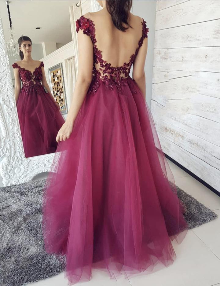 Trending Long Evening Dresses - A Line Lace - Floral Sleeve Backless Prom Gown - Formal Party (WSO3)(WSO5)(WSO4)