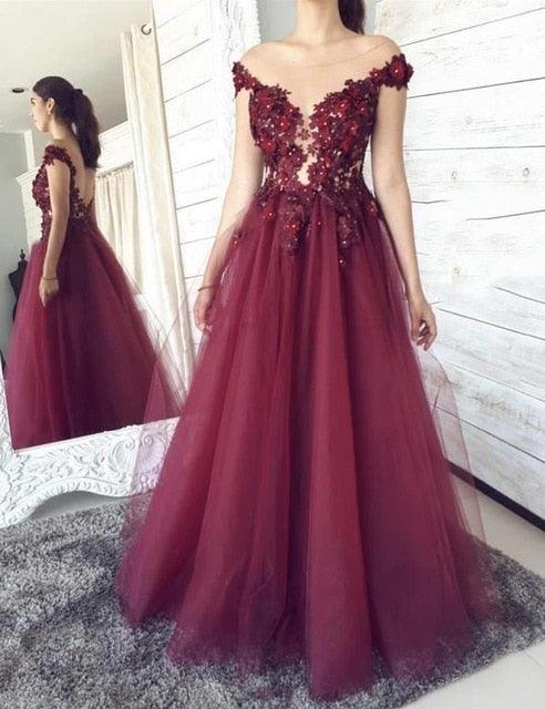 Trending Long Evening Dresses - A Line Lace - Floral Sleeve Backless Prom Gown - Formal Party (WSO3)(WSO5)(WSO4)