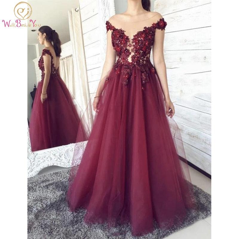 Trending Long Evening Dresses - A Line Lace - Floral Sleeve Backless Prom Gown - Formal Party (WSO3)(WSO5)(WSO4)