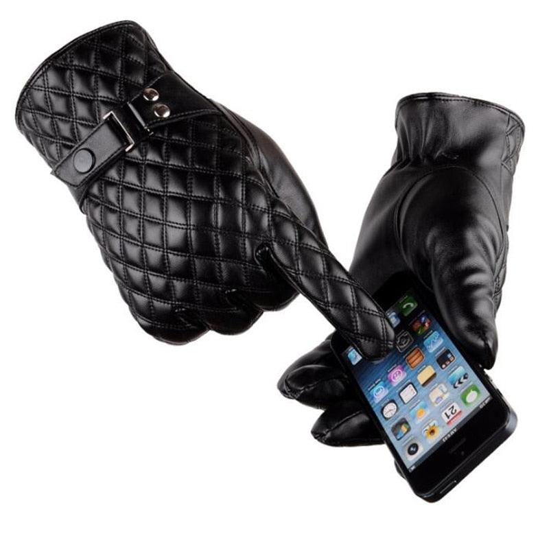 Business Men's Winter Gloves Black Pu Leather Touch Screen Warm Gloves - Windproof Waterproof (4AC1)