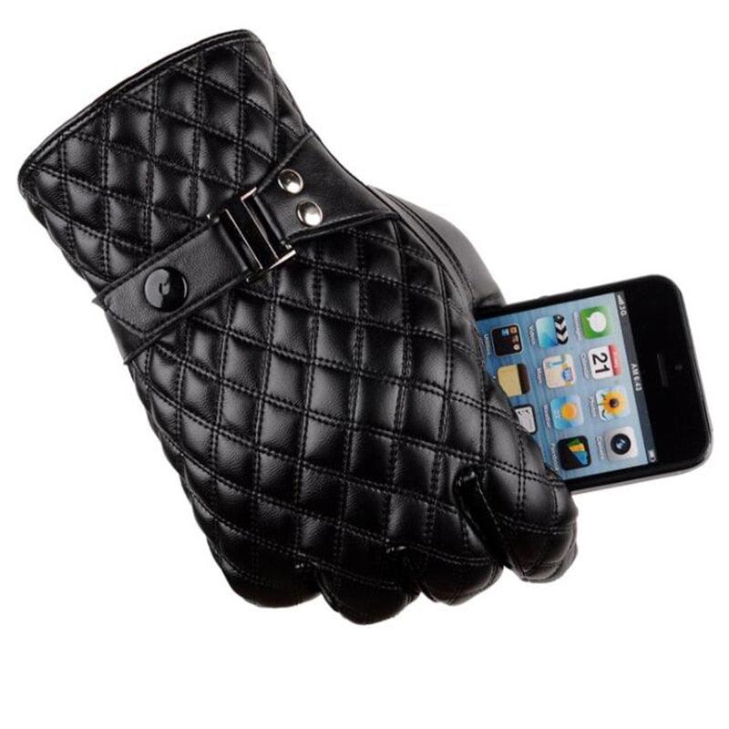 Business Men's Winter Gloves Black Pu Leather Touch Screen Warm Gloves - Windproof Waterproof (4AC1)