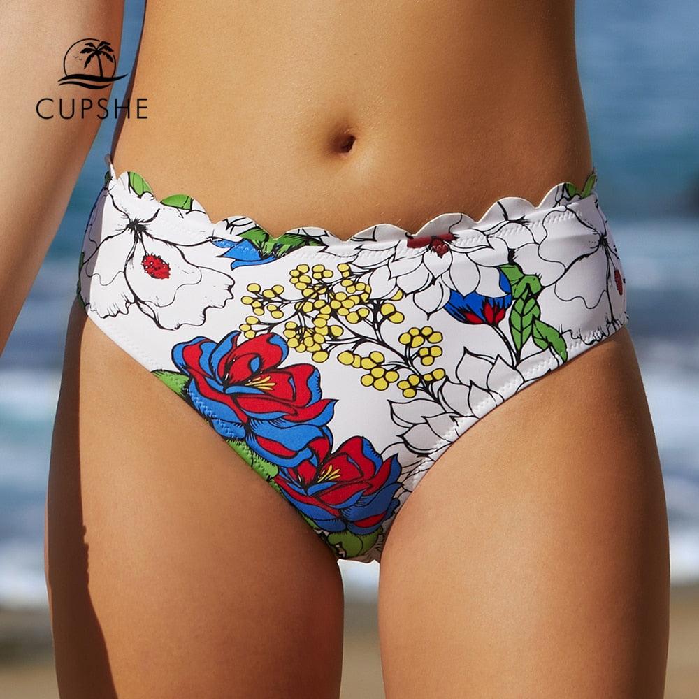 Cute Tropical Floral Scallop Mid Waist Bikini Bottom - Women Sexy Single Panties Briefs (D28)(TSP4)(TB8D)(TSP1)(TSP3)