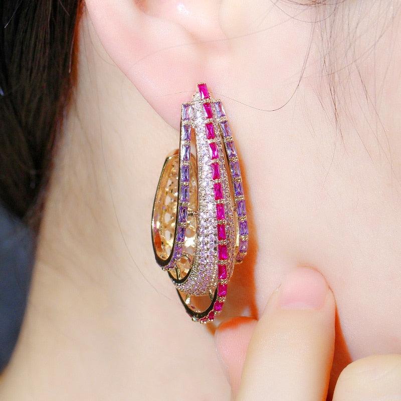 Gorgeous Luxury Geometric Round Circle Purple Pink Cubic Zirconia Crystal Long Big Statement Hoop Earrings (D81)(2JW3)
