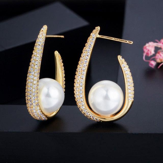 Beautiful Micro Pave Cubic Zirconia U Shape Yellow Gold Color Big Pearl Hoop Earrings (2JW3)(F81)