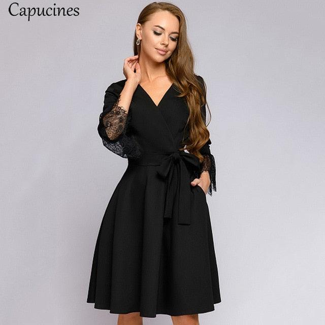 Chic Elegant Lace Stitching V neck Women Dress - Autumn Wrist Sleeves Sashes Pockets Casual Dresses - Office Wear (BWM)(TP5)(F20)(F30)