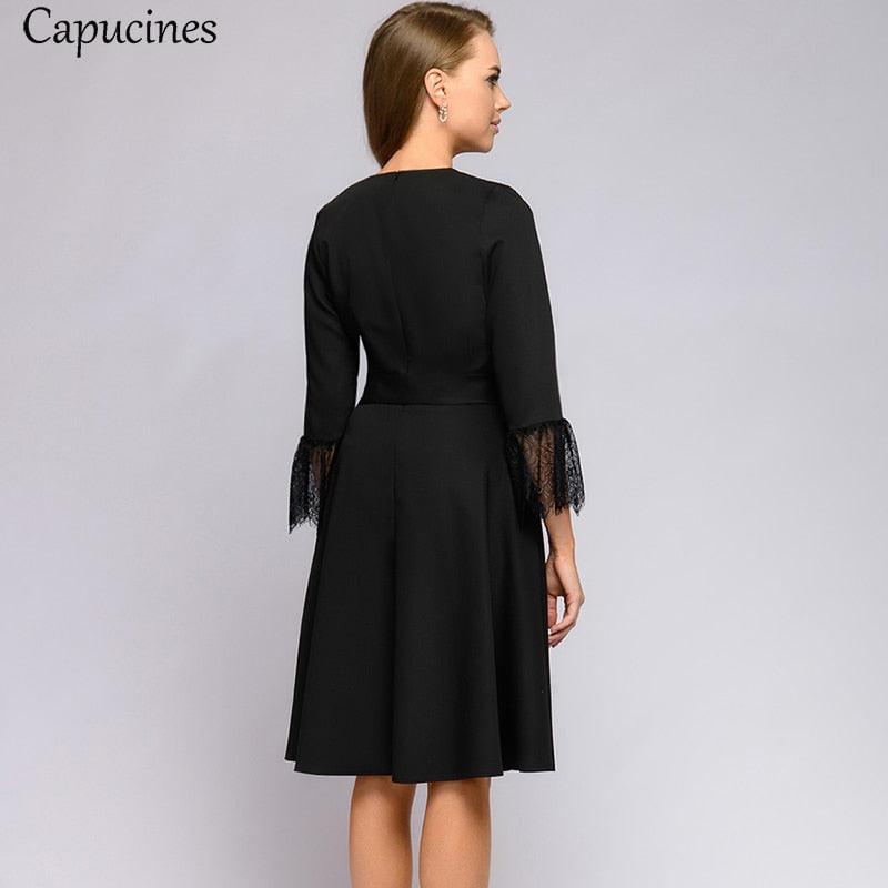 Chic Elegant Lace Stitching V neck Women Dress - Autumn Wrist Sleeves Sashes Pockets Casual Dresses - Office Wear (BWM)(TP5)(F20)(F30)