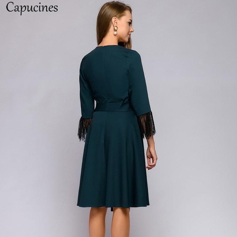 Chic Elegant Lace Stitching V neck Women Dress - Autumn Wrist Sleeves Sashes Pockets Casual Dresses - Office Wear (BWM)(TP5)(F20)(F30)