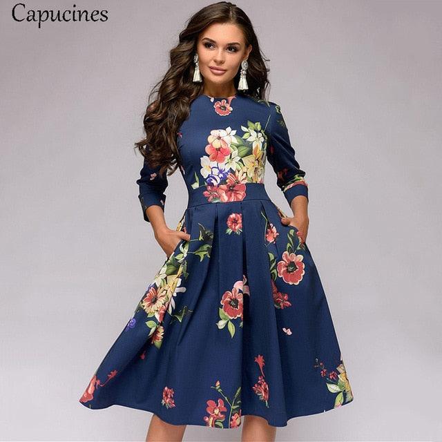 Great Navy Blue 3/4 Sleeves Printed Dress - Women Spring Summer Vintage Pocket A-line Casual Dress (WSO3)(WSO5)(TP5)(BCD1)