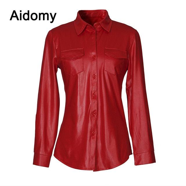 Casual Leather Women Shirt - Long Sleeve Buttons Blouse -Turn-Down Collar - Streetwear Pocket Tops (TB4)