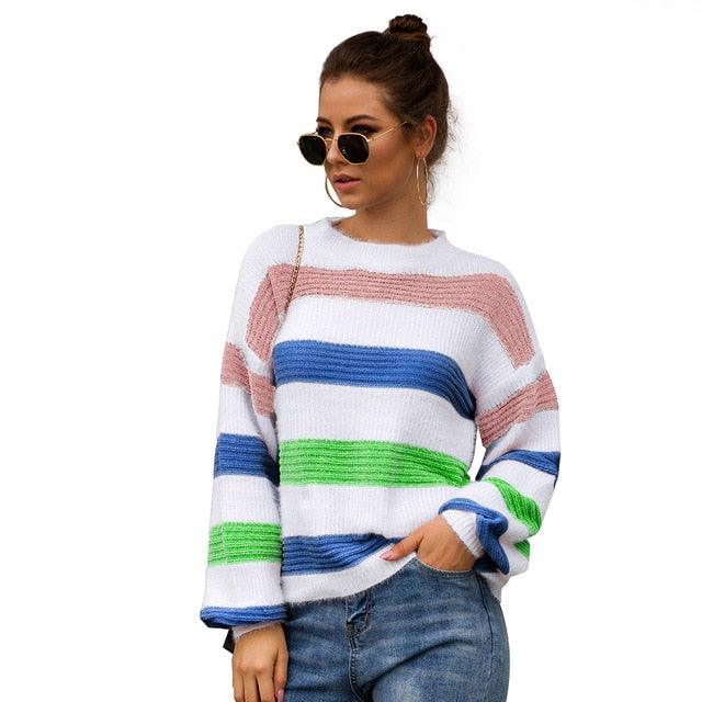 Amazing Rainbow Striped Sleeve Women Sweater - Fall Winter Long Sleeve Knit Loose Pullovers Jumper - Oversized Sweaters (2U23)