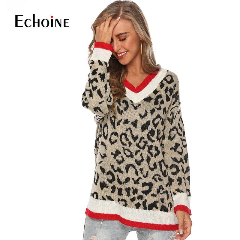 Gorgeous Leopard Sweaters - Slim Women Autumn Winter Clothes - Fashion V-Neck Knitted Long Pullover (1U23)