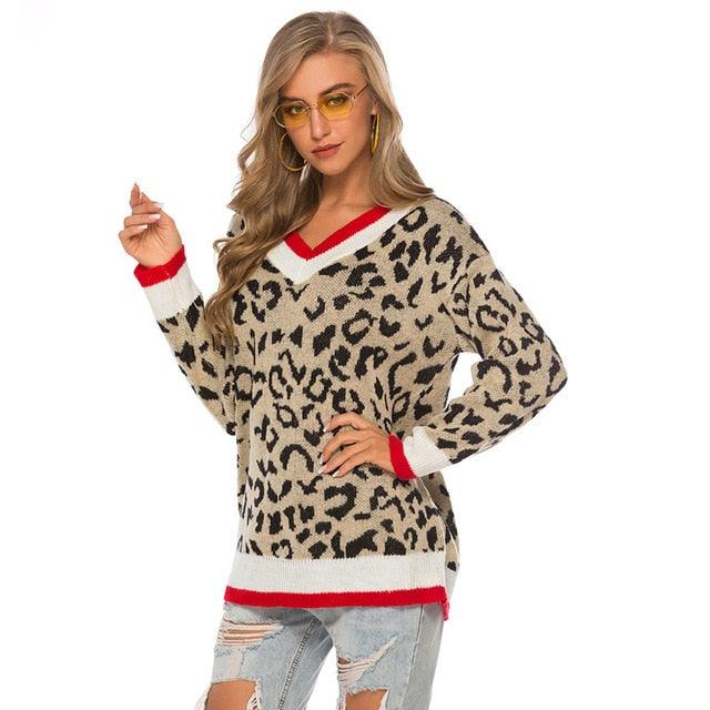 Gorgeous Leopard Sweaters - Slim Women Autumn Winter Clothes - Fashion V-Neck Knitted Long Pullover (1U23)