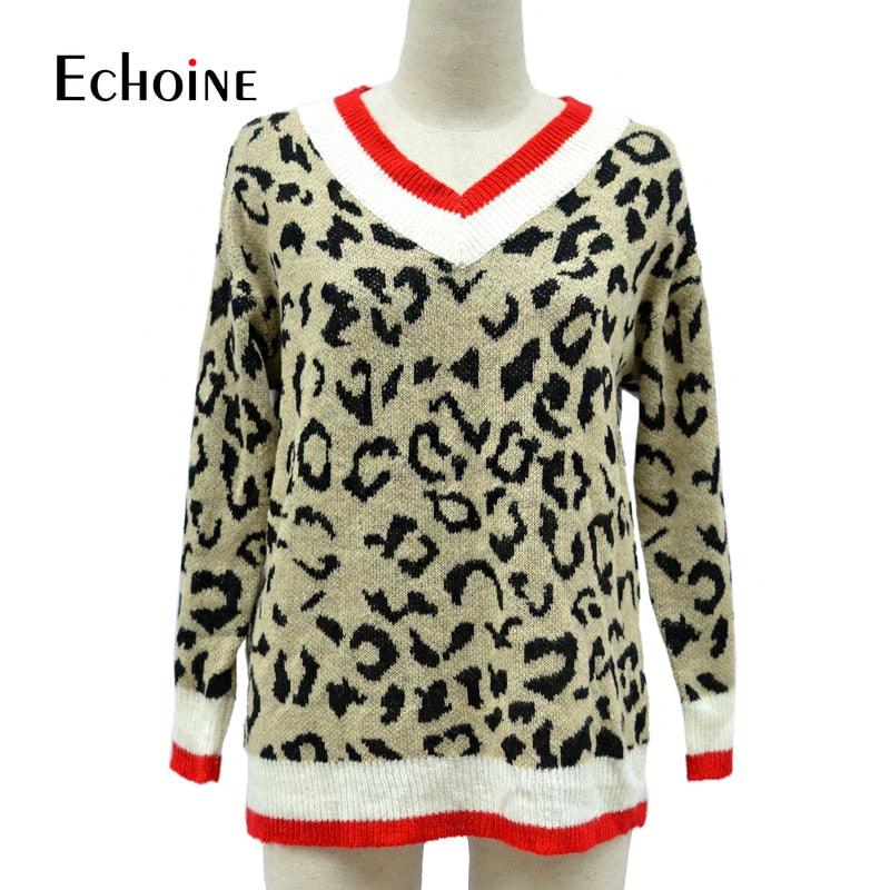 Gorgeous Leopard Sweaters - Slim Women Autumn Winter Clothes - Fashion V-Neck Knitted Long Pullover (1U23)