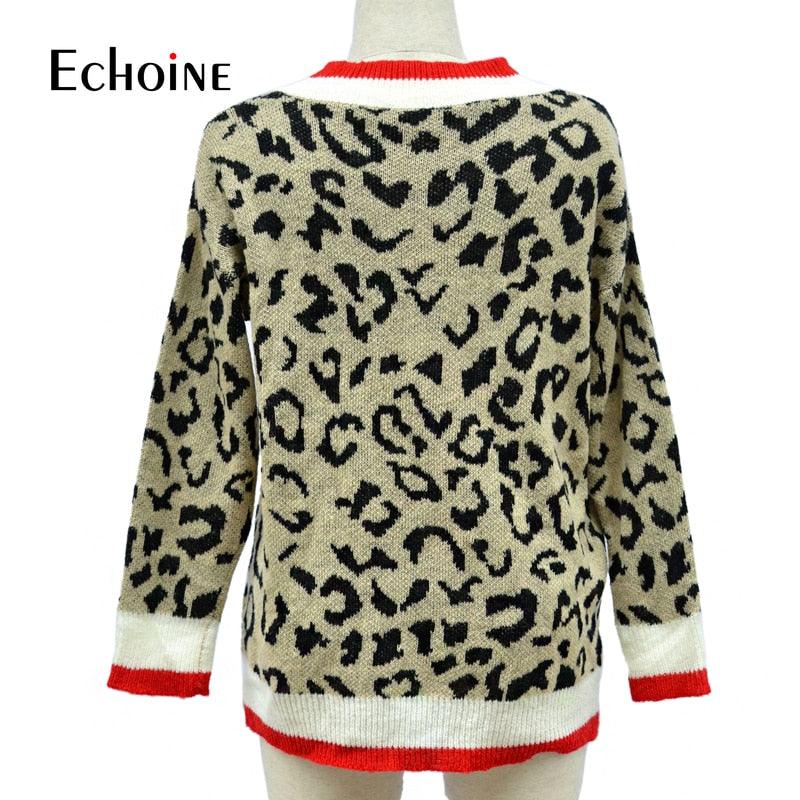 Gorgeous Leopard Sweaters - Slim Women Autumn Winter Clothes - Fashion V-Neck Knitted Long Pullover (1U23)