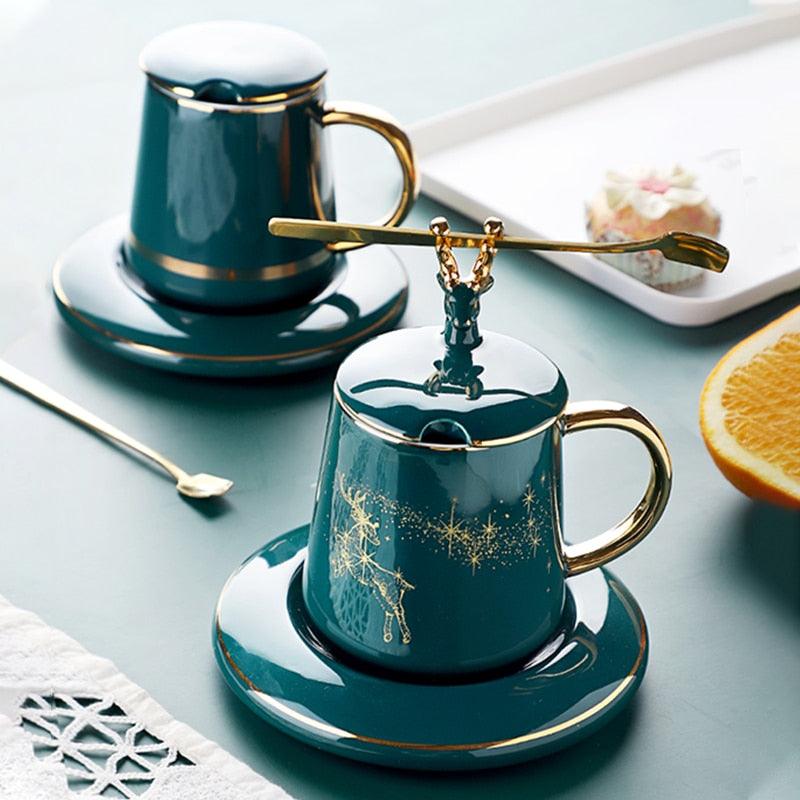 Ceramic Coffee Cup With Lid And Spoon Set Cup With Milk Afternoon Tea Christmas Creative Gift (1AK1)