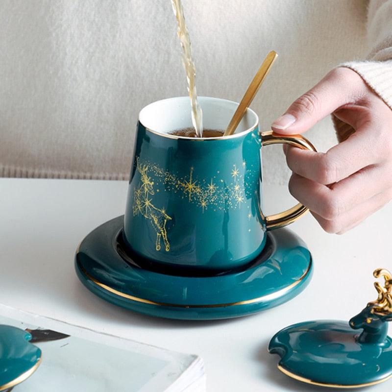 Ceramic Coffee Cup With Lid And Spoon Set Cup With Milk Afternoon Tea Christmas Creative Gift (1AK1)