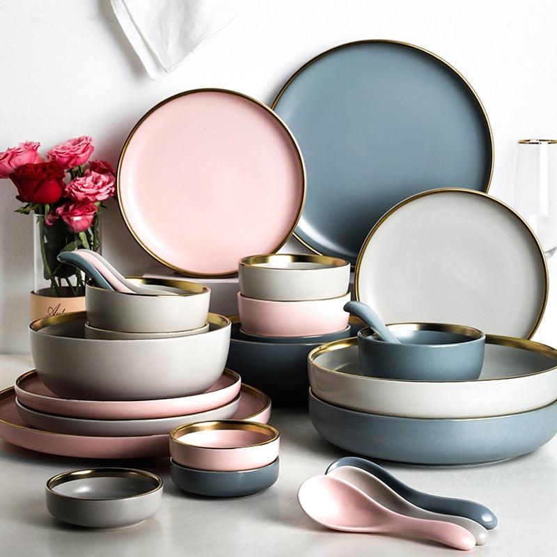 Ceramic Solid Color Plate Gold Inlaid Ceramic Plate Set - Ceramic Tableware (AK7)