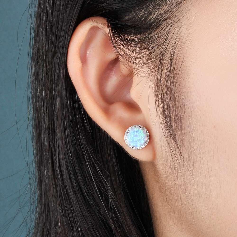 Classic 925 Sterling Silver Stud Earrings - Round White Pink Blue Opal Earrings - Cubic Zirconia Jewelry (2U81)