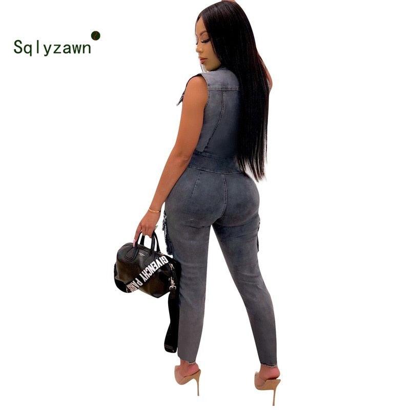 Fashion Sexy Zipper Burr Jeans Jumpsuit - Women Cute Overalls - Buttons Pocket Sleeveless Casual (D33)(TBL1)(BCD3)