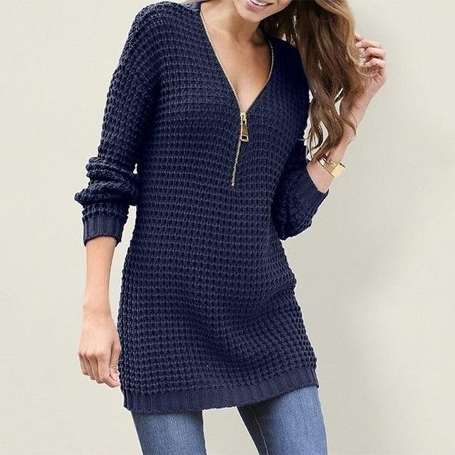 Gorgeous Zippers Oversized Women's Jumper - Chic Sweater - Winter Warm Slim Tunic Deep V Neck Office Ladies Sweaters (TB8C)(TP4)(BCD2)(F20)(F23)(F35)