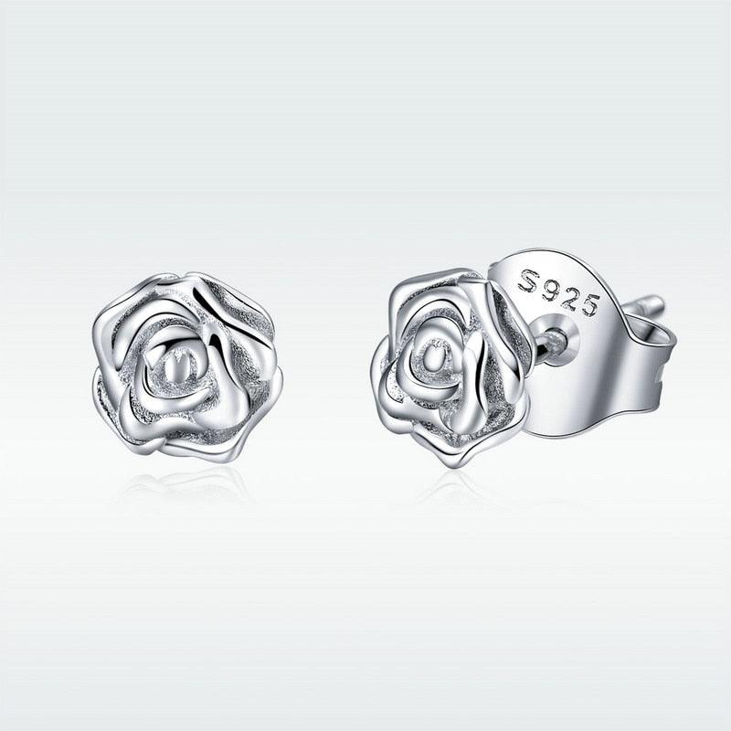 Authentic 925 Sterling Silver Romantic Rose Flower Stud Earrings (2JW1)