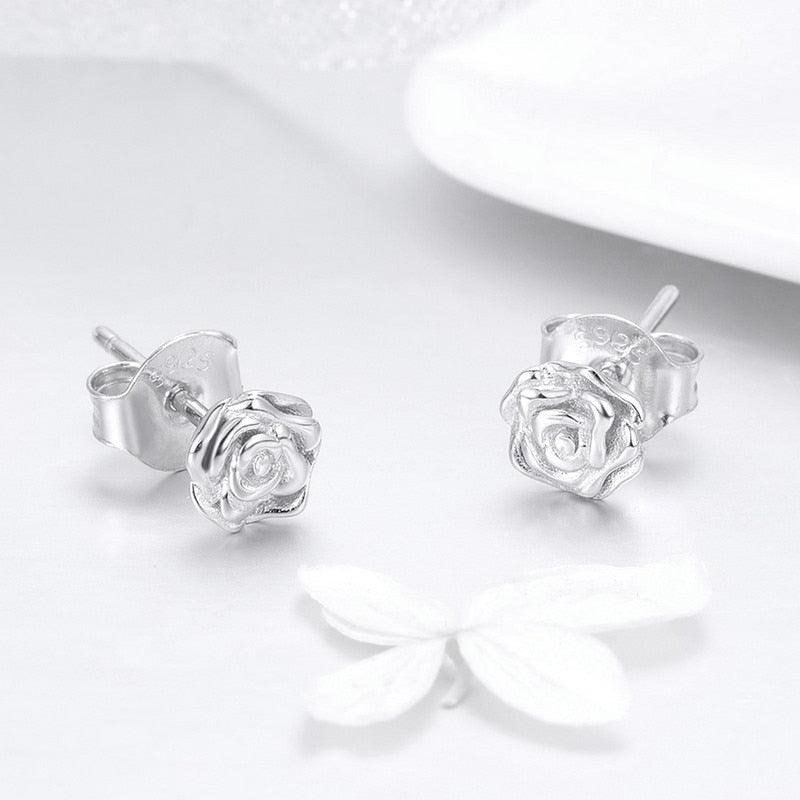 Authentic 925 Sterling Silver Romantic Rose Flower Stud Earrings (2JW1)