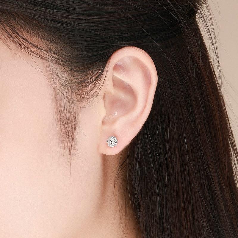 Authentic 925 Sterling Silver Romantic Rose Flower Stud Earrings (2JW1)