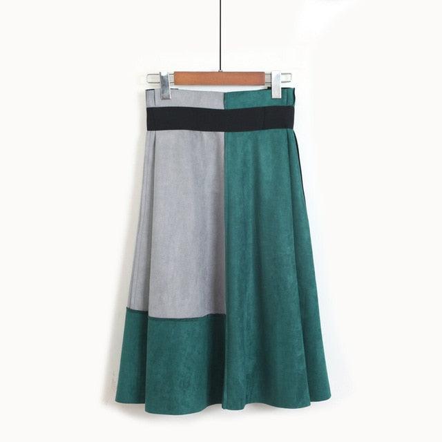 Trending Women Suede Midi Skirt - Autumn Winter Vintage Patchwork Pleated Elegant Ladies Skirt (TB7)(TP6)(F22)(F20)