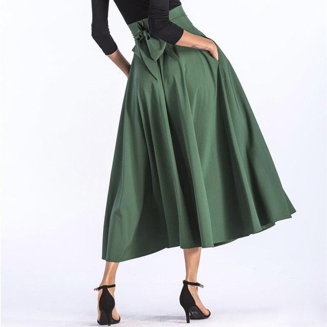 Women Slit Long Maxi Skirt - Vintage Ladies Fashion Pleated Flared Pockets Lace Up Skirt - Plus Size (TB7)(F22)
