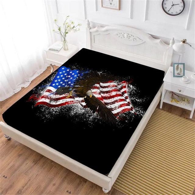 Colorful American Flag Bed Sheet Bald Eagle Print Fitted Sheet Deep Pocket Mattress Cover Elastic Band (D63)(5BM)