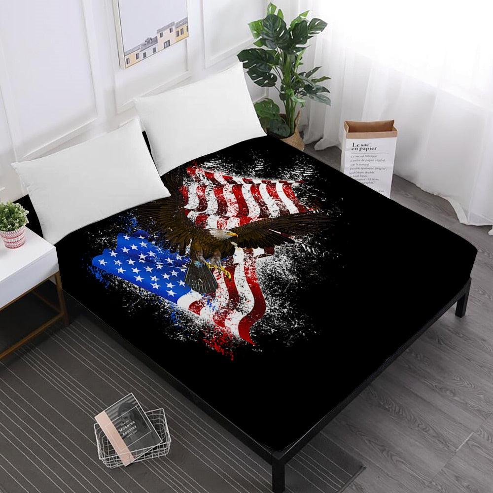 Colorful American Flag Bed Sheet Bald Eagle Print Fitted Sheet Deep Pocket Mattress Cover Elastic Band (D63)(5BM)