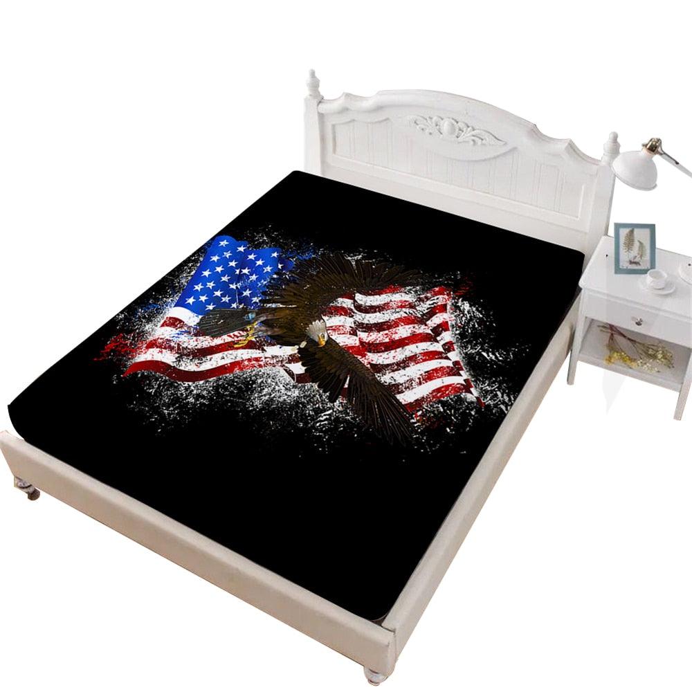 Colorful American Flag Bed Sheet Bald Eagle Print Fitted Sheet Deep Pocket Mattress Cover Elastic Band (D63)(5BM)