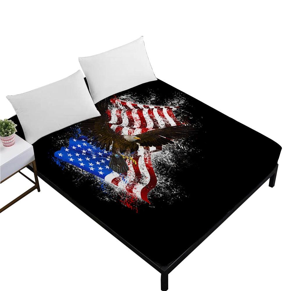 Colorful American Flag Bed Sheet Bald Eagle Print Fitted Sheet Deep Pocket Mattress Cover Elastic Band (D63)(5BM)