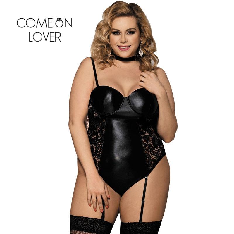 Trending Body Plus Size Latex Wet Look Lingerie - Women's Exotic Faux Leather Bodysuit (TSL2)