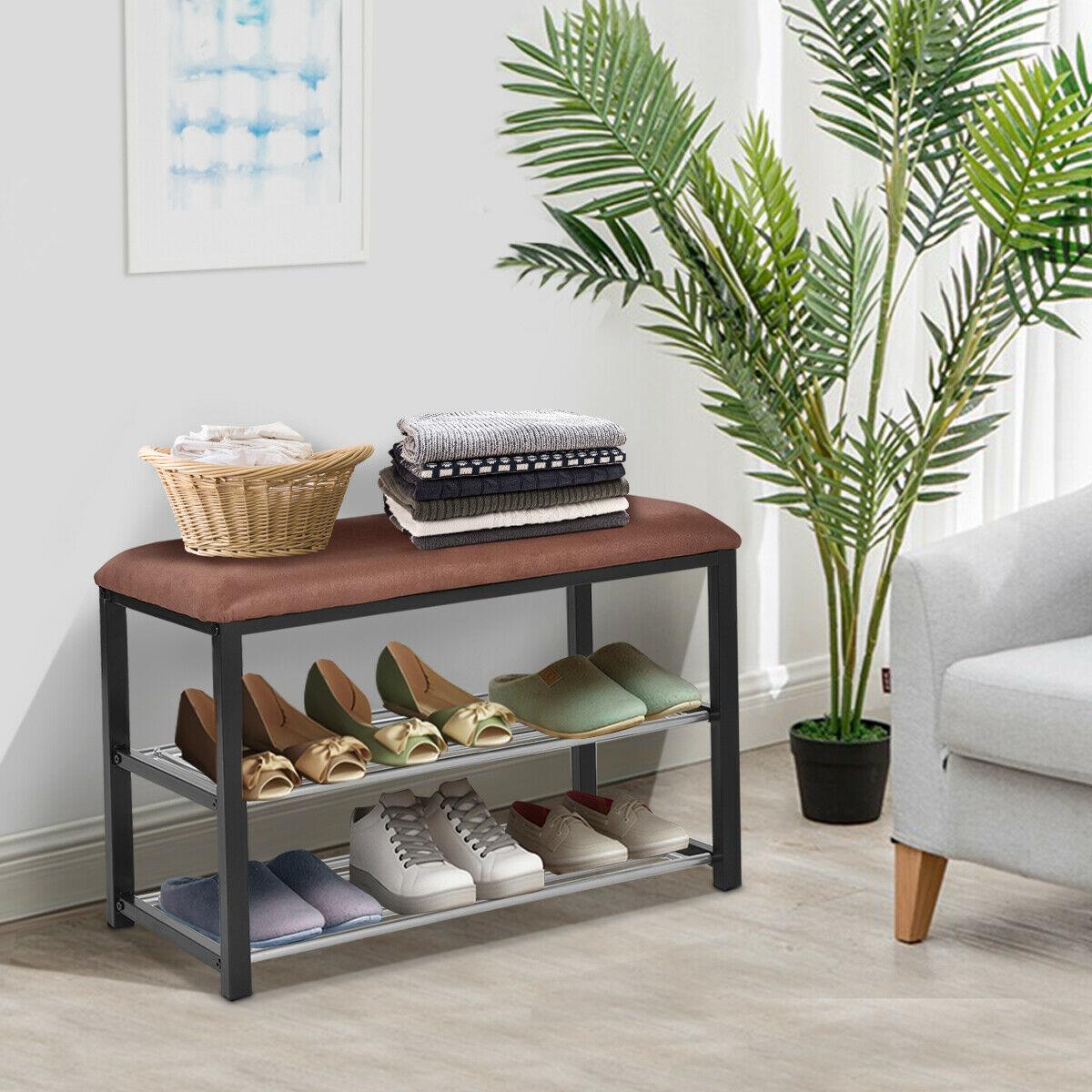 2 Tier Shoe Storage Rack Bench Shelf Soft Seat Stool Organizer Entryway (FW7)(1U67)