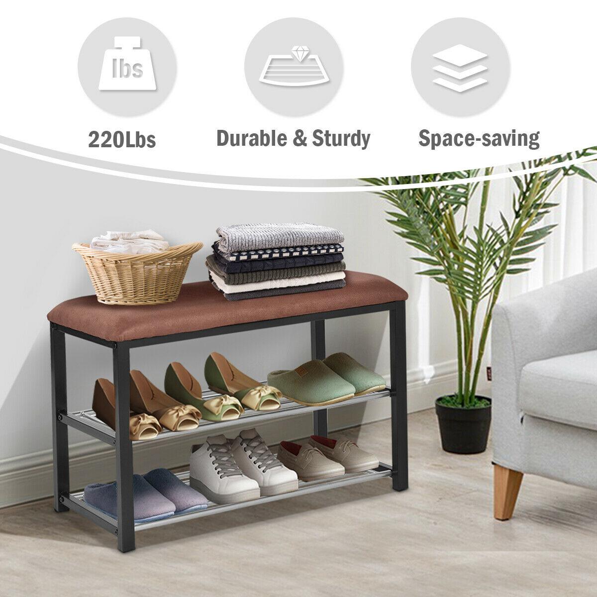 2 Tier Shoe Storage Rack Bench Shelf Soft Seat Stool Organizer Entryway (FW7)(1U67)