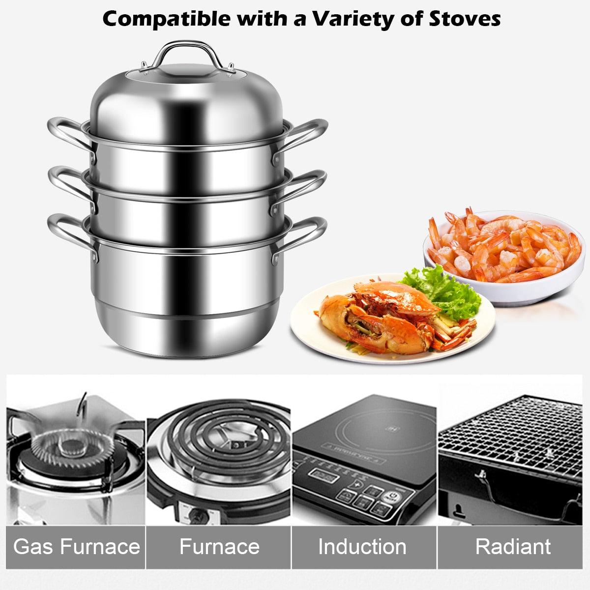 Costway 3 Tier 11 Inch Stainless Steel Steamer Set Cookware Pot Sauce pot Double Boiler (AK1)(1U61)