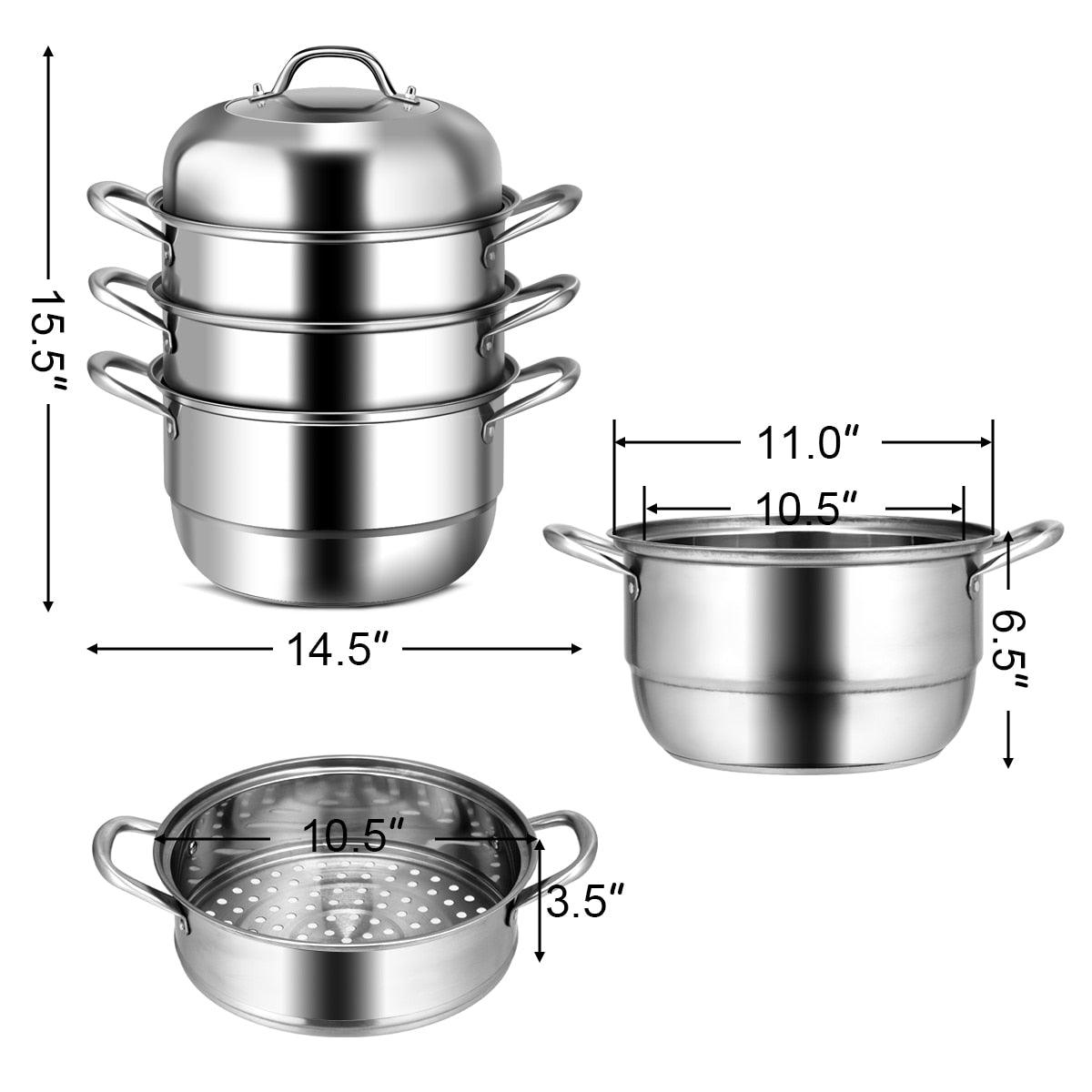 Costway 3 Tier 11 Inch Stainless Steel Steamer Set Cookware Pot Sauce pot Double Boiler (AK1)(1U61)