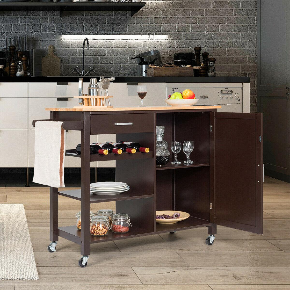 4-Tier Wood Kitchen Island Trolley Cart Storage Cabinet w/ Wine Rack & Drawer (D67)(FW9)(FW1)(1U67)