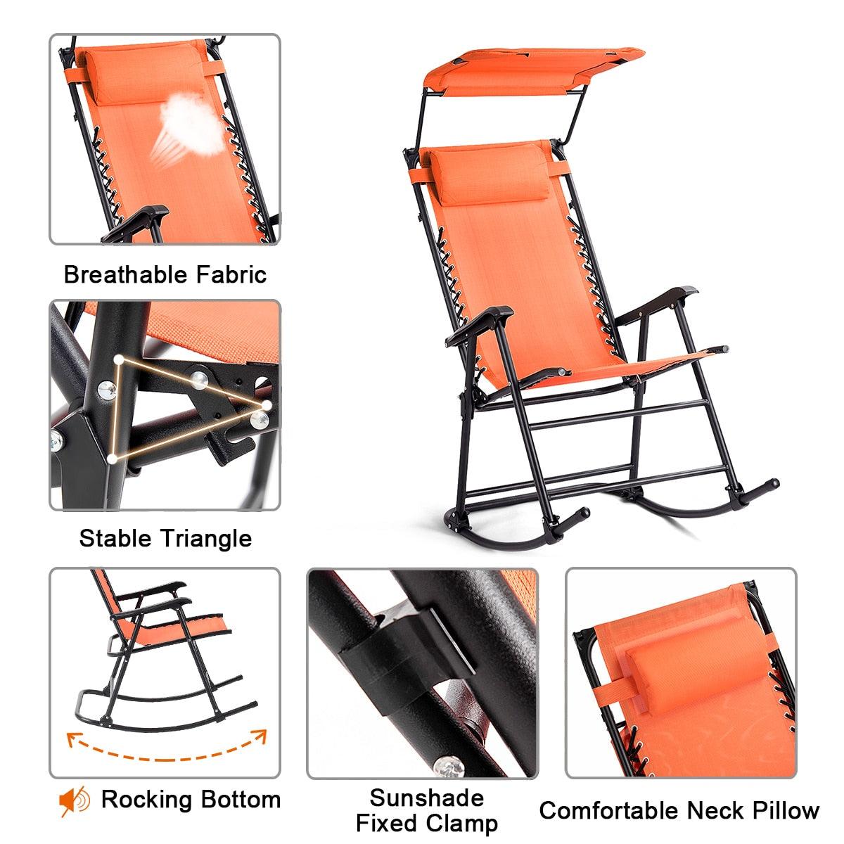 Folding Rocking Chair Rocker Porch Zero Gravity Furniture Sunshade Canopy Orange (FW2)(1U67)