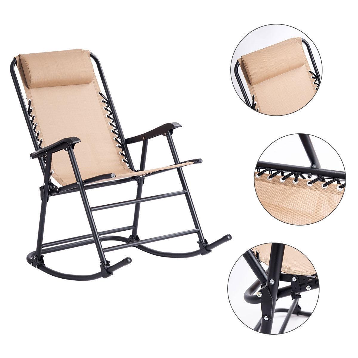 Folding Zero Gravity Rocking Chair Rocker Porch Outdoor Patio Headrest Beige (D67)(FW2)(1U67)